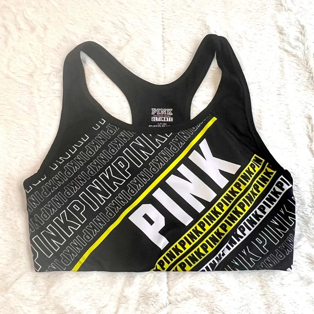Victoria’s Secret PINK Ultimate Logo Unlined Black Yellow White Sports Bra S/P - Picture 1 of 5